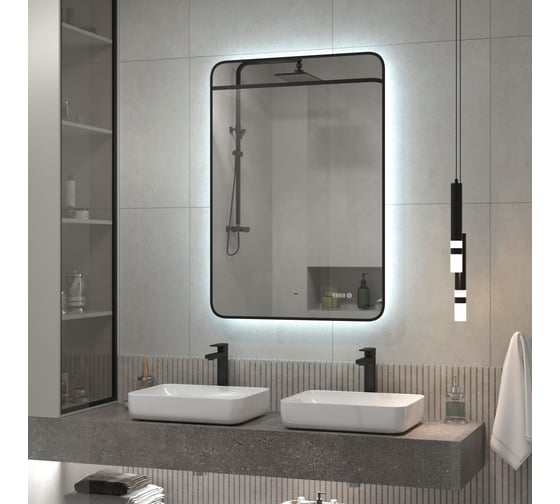Зеркало Reflection Black view с фоновой подсветкой, бесконтактным сенсором, диммером, часами, черной окантовкой, 600x1000 RF4003BV