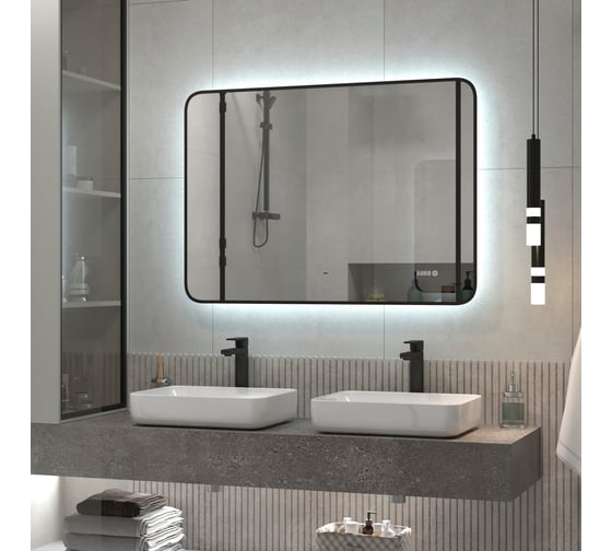 Зеркало Reflection Black view с фоновой подсветкой, бесконтактным сенсором, диммером, часами, черной окантовкой, 1000x700 RF4004BV