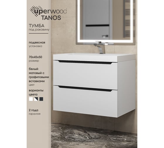Тумба под раковину для ванной комнаты uperwood Tanos подвесная_70 см, белая/графит 2930205141