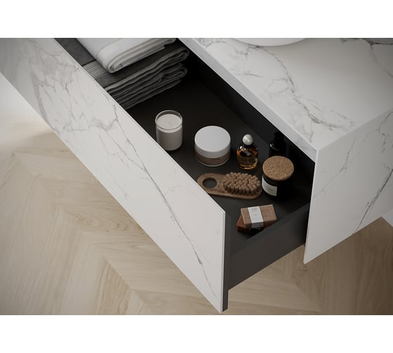 Подвесная тумба Sancos Stone из керамогранита с одним выдвижным ящиком и столешницей из керамогранита 1200x400x495, керамогранит Statuario white, арт. ST120SV