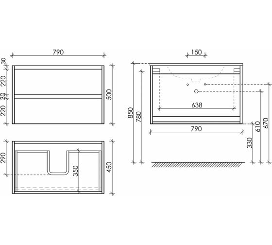 Подвесная тумба Sancos Libra 790x450x500, c двумя ящиками оснащенными доводчиками, дуб чарльстон, арт. LB80ECH