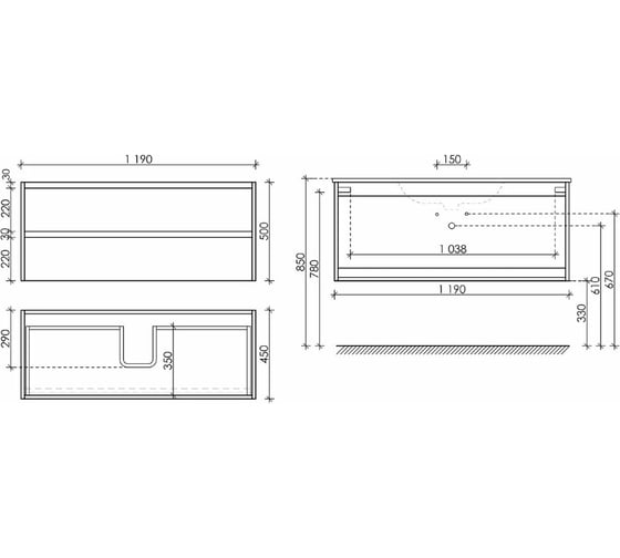 Подвесная тумба Sancos Libra 1190x450x500, c двумя ящиками оснащенными доводчиками, дуб чарльстон, арт. LB120-1ECH