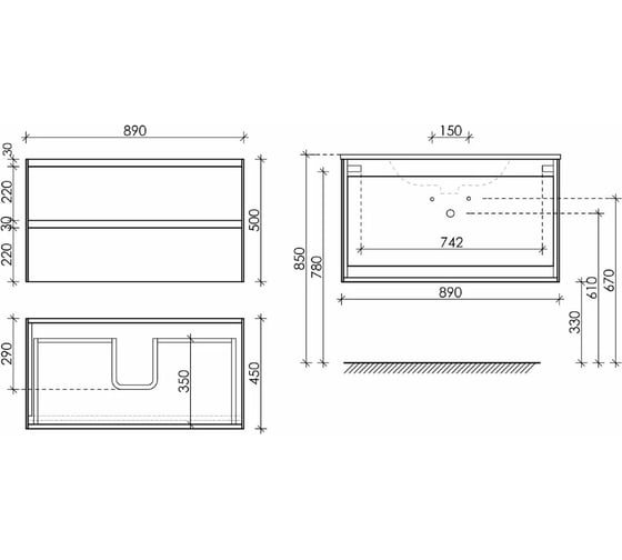 Подвесная тумба Sancos Cento 890x450x500, c двумя ящиками оснащенными доводчиками, белый глянец, арт. CN90W