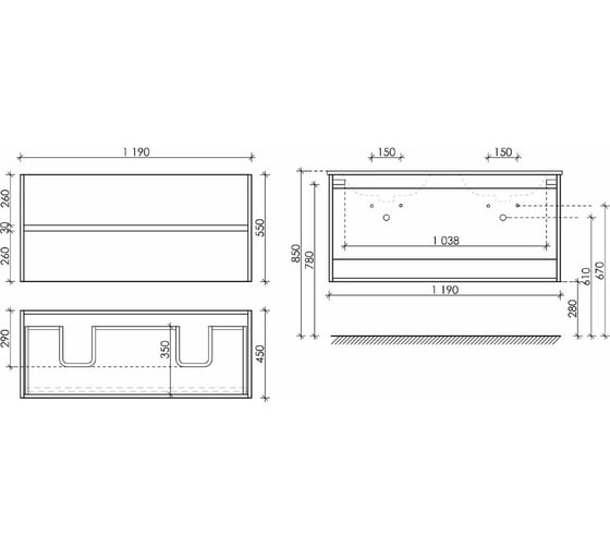 Подвесная тумба Sancos Urban 1190x450x550, c двумя ящиками оснащенными доводчиками, дуб галифакс натуральный, арт. UR120-2EG