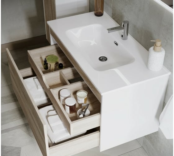 Подвесная тумба Sancos Smart 990x450x500, c двумя ящиками оснащенными доводчиками, дуб бардолино/белый, арт. SM100E