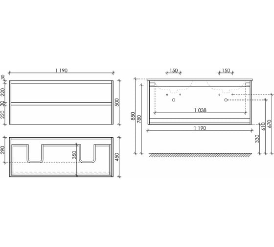 Подвесная тумба Sancos Libra 1190x450x500, c двумя ящиками оснащенными доводчиками, дуб чарльстон, арт. LB120-2ECH