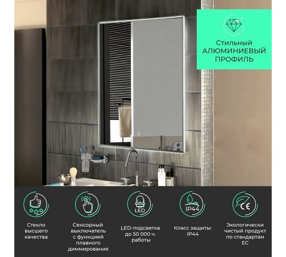 Зеркало с LED-подсветкой Toppus SILK 60x80 см, сенсорный выключатель с функцией плавного диммирования, алюминий 2911.011