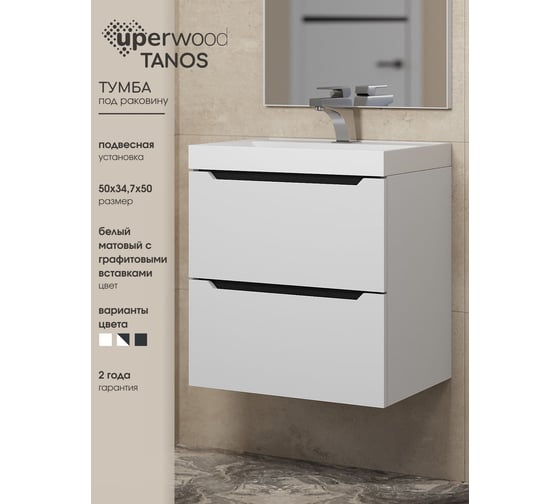 Подвесная тумба под раковину для ванной комнаты uperwood Tanos 50 см, белая/графит 2930205149