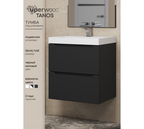 Подвесная тумба под раковину для ванной комнаты uperwood Tanos 50 см, черная 2930205148
