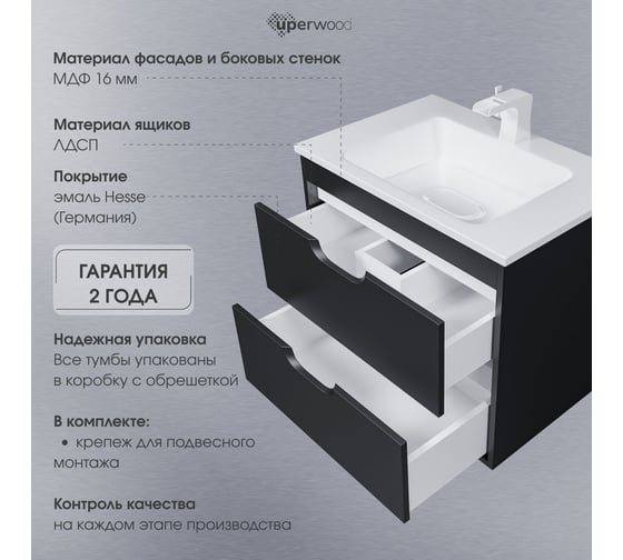 Тумба под раковину для ванной Uperwood Modul_65 см, подвесная, матовая, черная 2930205151