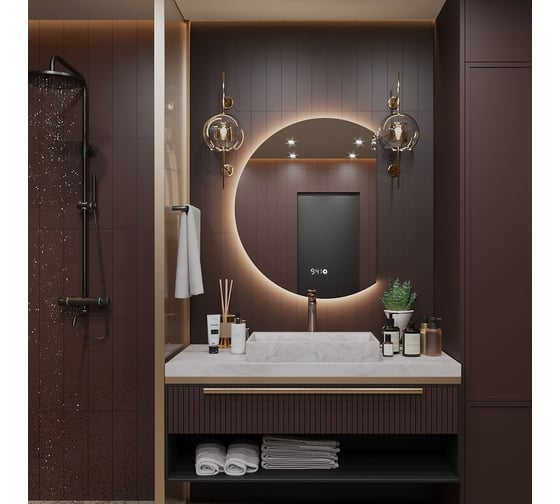 Зеркало Alias Дафна 80x60 с тёплой LED-подсветкой и часами, обрез справа d806035r