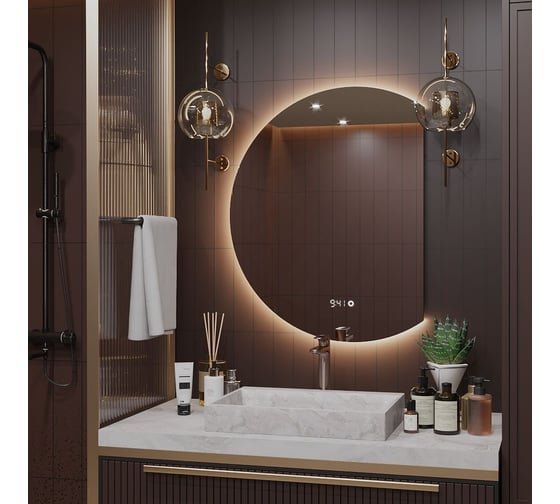 Зеркало Alias Дафна 80x60 с тёплой LED-подсветкой и часами, обрез справа d806035r