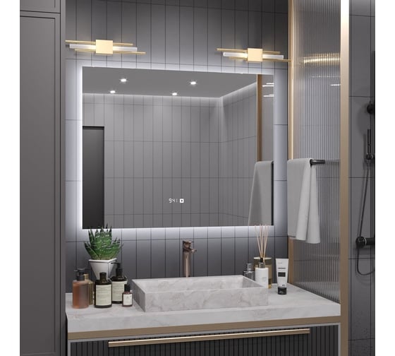 Зеркало Alias Квартал 70x100 с холодной LED-подсветкой и часами, горизонтальное q7010015