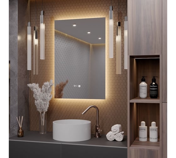 Зеркало Alias Квартал 100x80 с тёплой LED-подсветкой и часами, вертикальное q1008035