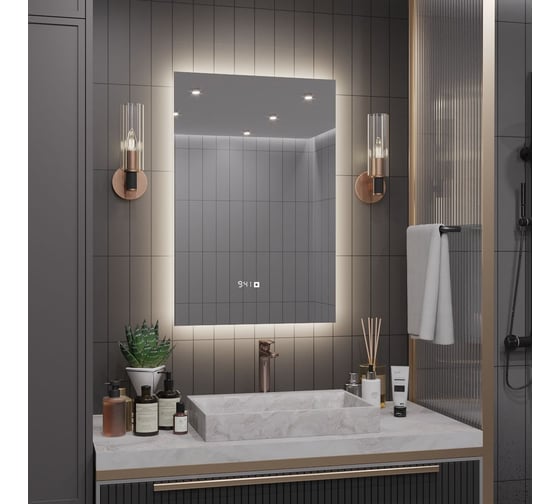 Зеркало Alias Квартал 120x80 с нейтральной LED-подсветкой и часами, вертикальное q1208025 1