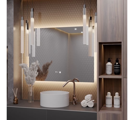 Зеркало Alias Квартал 50x70 с нейтральной LED-подсветкой и часами, горизонтальное q507025