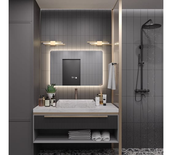 Зеркало Alias Эос 60x90 с нейтральной LED-подсветкой и часами, горизонтальное en609025