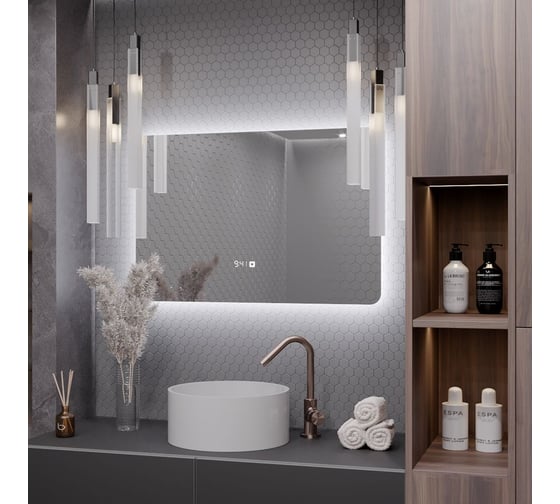 Зеркало Alias Эос 80x100 с холодной LED-подсветкой и часами, горизонтальное en8010015 1