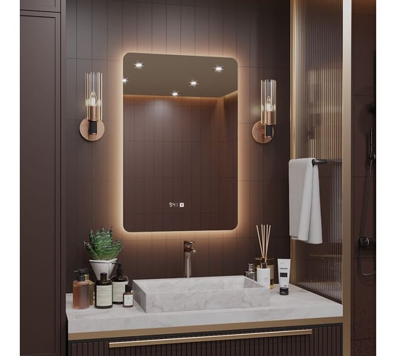 Зеркало Alias Эос 90x60 с тёплой LED-подсветкой и часами, вертикальное en906035