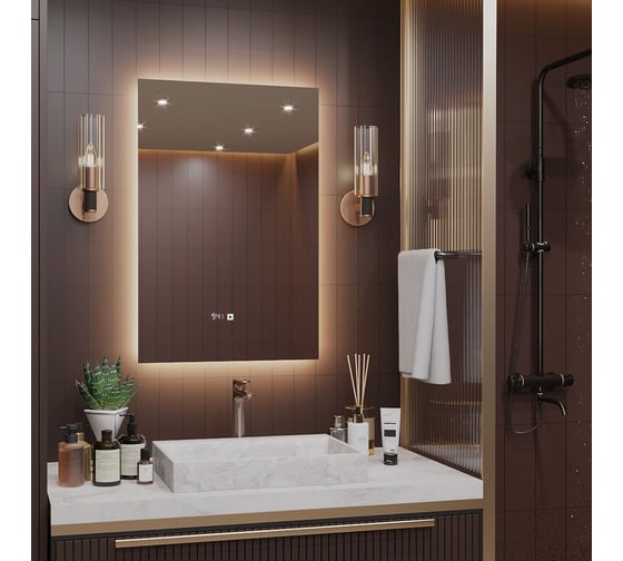 Зеркало Alias Квартал 70x60 с тёплой LED-подсветкой и часами, вертикальное q706035