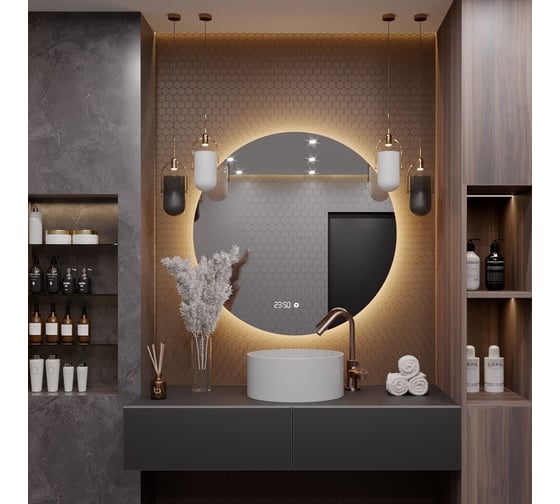 Круглое зеркало для ванной Alias Муза D70 с тёплой LED-подсветкой и часами m707035