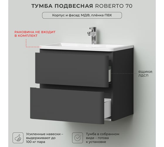 Тумба под раковину для ванной комнаты ИТАНА подвесная roberto 70 693x448x576 графит 4657784358337