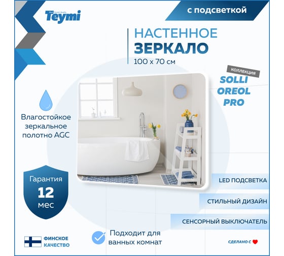 Зеркало Teymi Solli Oreol Pro 100x70, LED подсветка, сенсор T20261 ЦБ-00267401