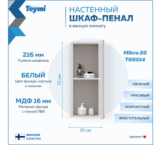Навесной шкаф Teymi Mikra 20, белый T60514 ЦБ-00267422