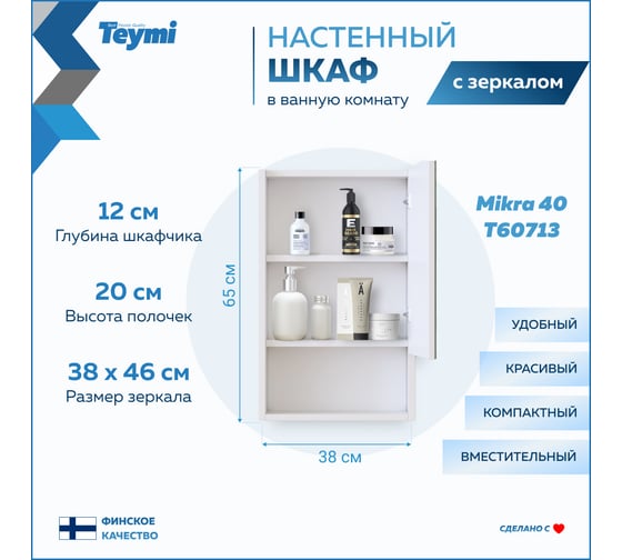 Зеркальный шкаф Teymi Mikra 40, белый T60713 ЦБ-00267416
