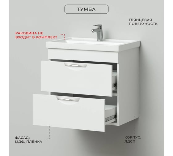 Подвесная тумба под раковину IKA адель 60 565x388x528 белый глянец 4657773608658