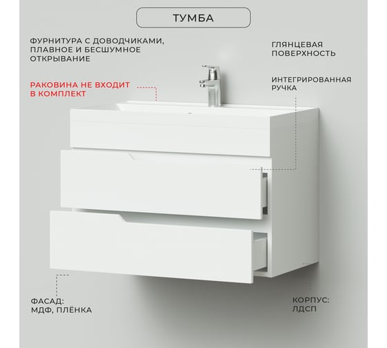 Подвесная тумба под раковину ИТАНА alexa 80 796x446x520 пленка белый глянец 4657773607125