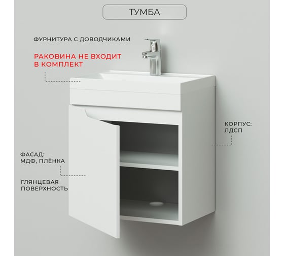 Подвесная тумба под раковину ИТАНА alexa 50 491x342x520 левый пленка белый глянец 4657773607019