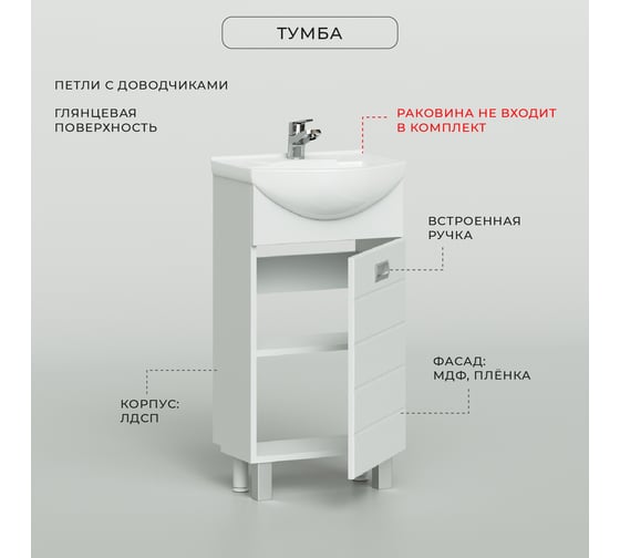 Напольная тумба под раковину IKA Вита 45 435x251x820, белый глянец 4657773608689