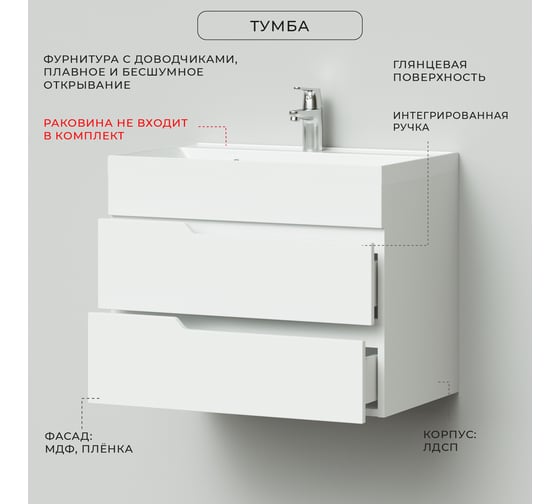 Тумба под раковину ИТАНА alexa 70 подвесная, 694x446x520 пленка белый глянец 4657784352595