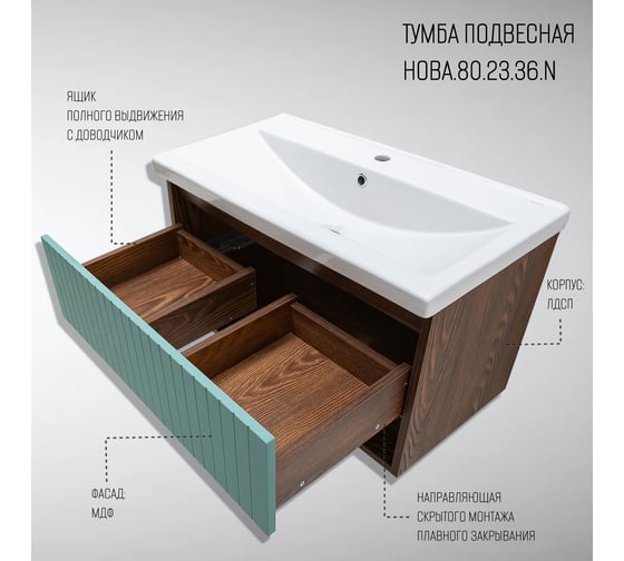 Тумба для ванной Акваль Нова 80 см. бирюза НОВА.80.23.36.N