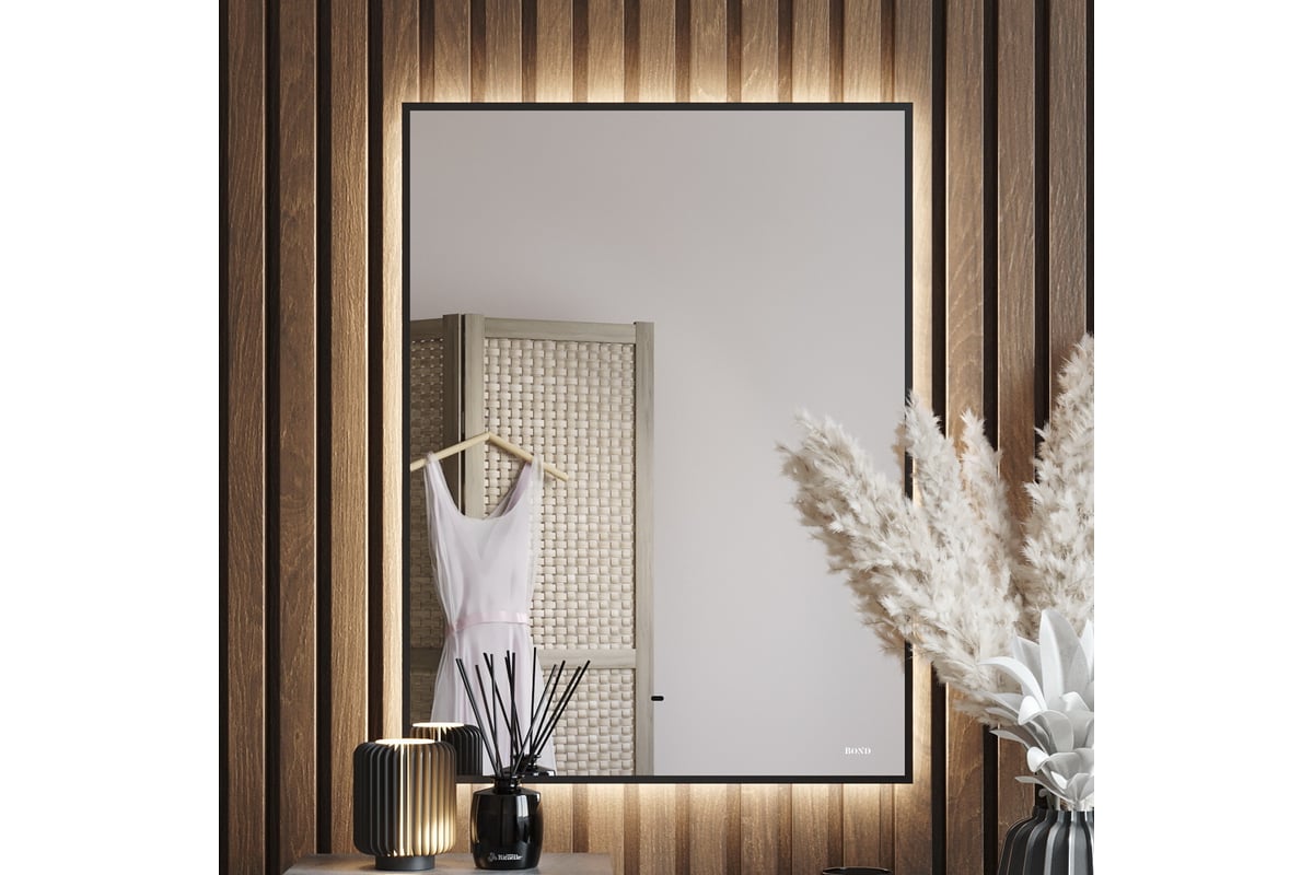 Зеркало BOND прямоугольное 60x80см с подсветкой и черным обрамлением ...