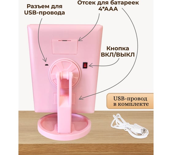 Зеркало с подсветкой Аквалиния 22x16см led, usb розовое D38102-3-3