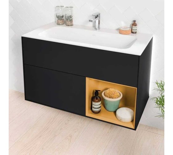 Тумба под раковину Villeroy & Boch FINION 996x591x498 мм, с подсветкой LED, 2 выдвижных ящика, крепежный комплект Black Matt Lacquer / Gold Matt Lacquer G040HFPD 00000126020