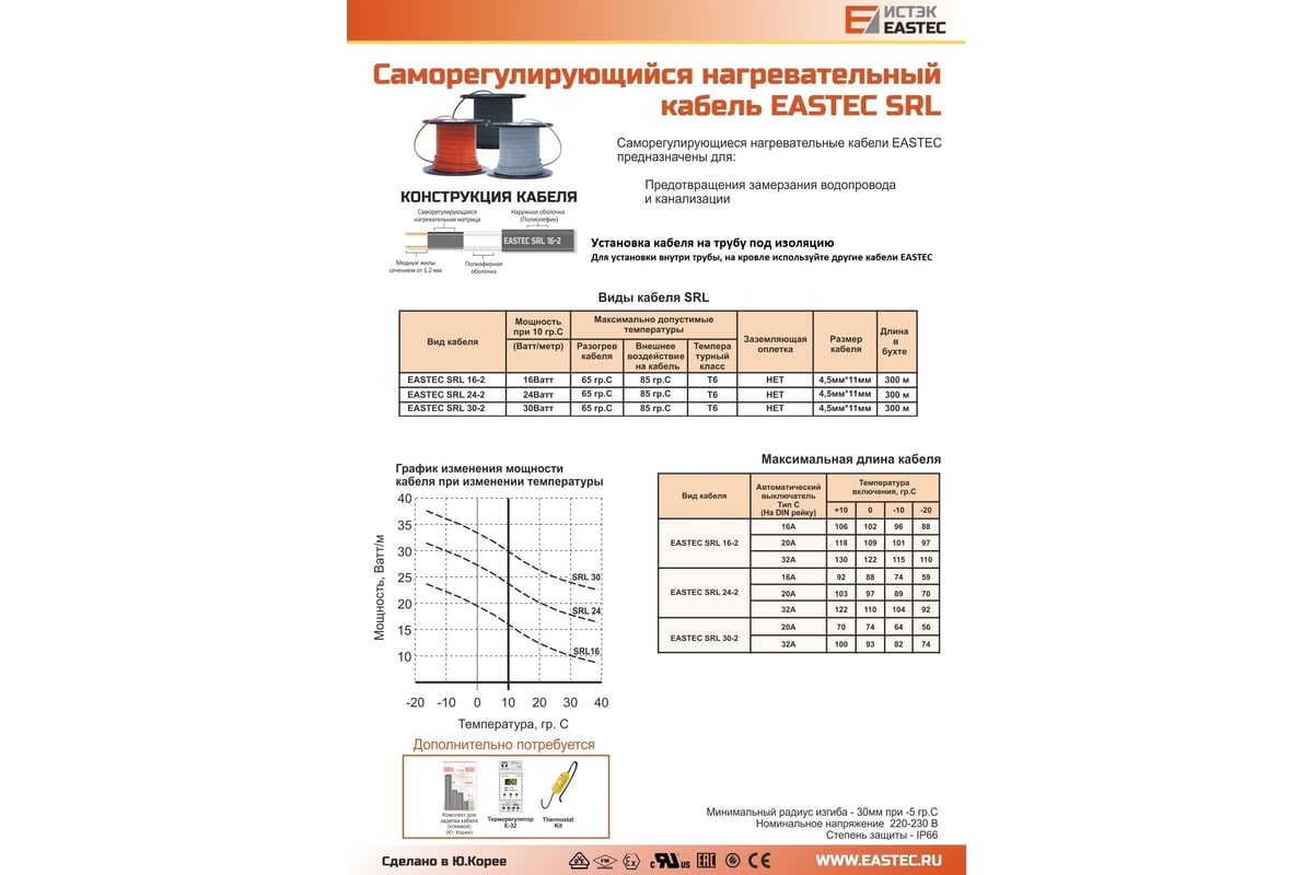 Греющий кабель для труб EASTEC SRL 30-2 (Ю.Корея) саморегулирующийся 30  Вт/м 100 м EASTEC SRL 30-2-100м