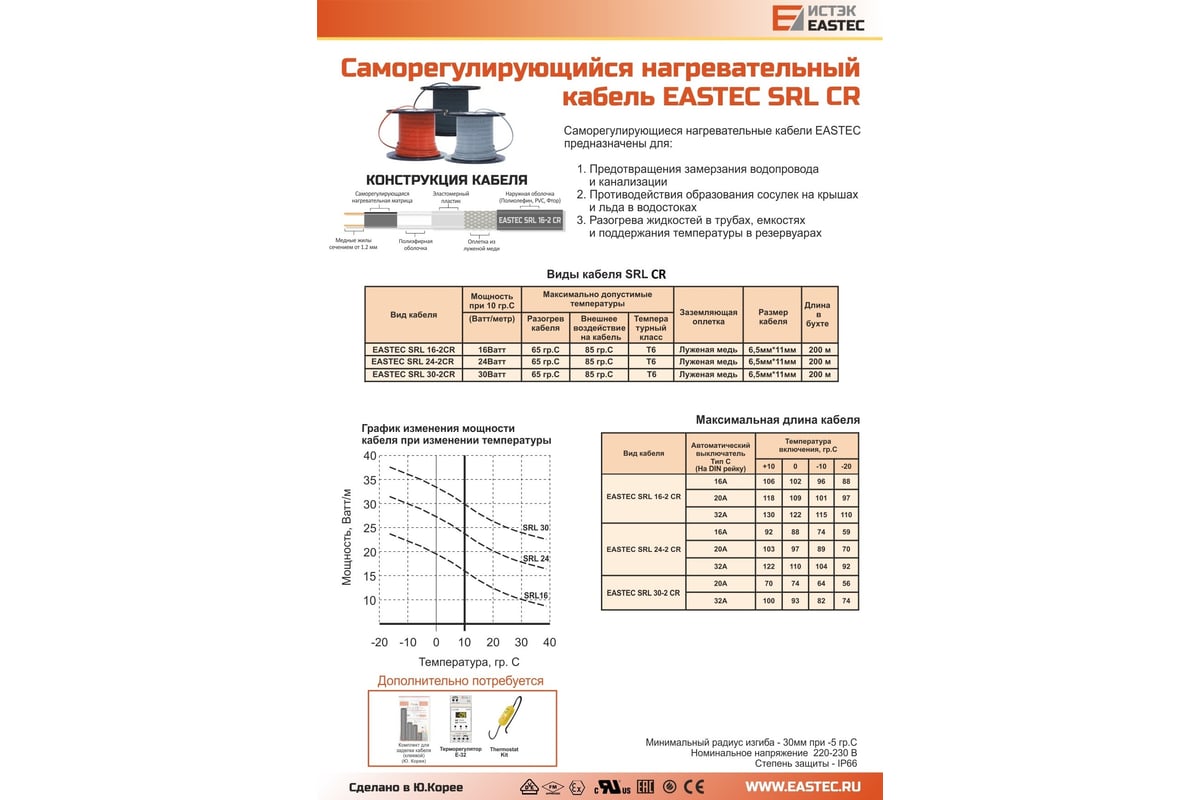 Греющий кабель для труб и водостока EASTEC саморегулирующийся  экранированный 16 Вт/м с УФ-защитой 50 м SRL 16-2 CR-50м - выгодная цена,  отзывы, характеристики, фото - купить в Москве и РФ