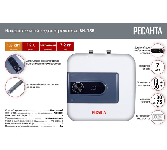 Накопительный водонагреватель Ресанта ВН-15В 74/5/6