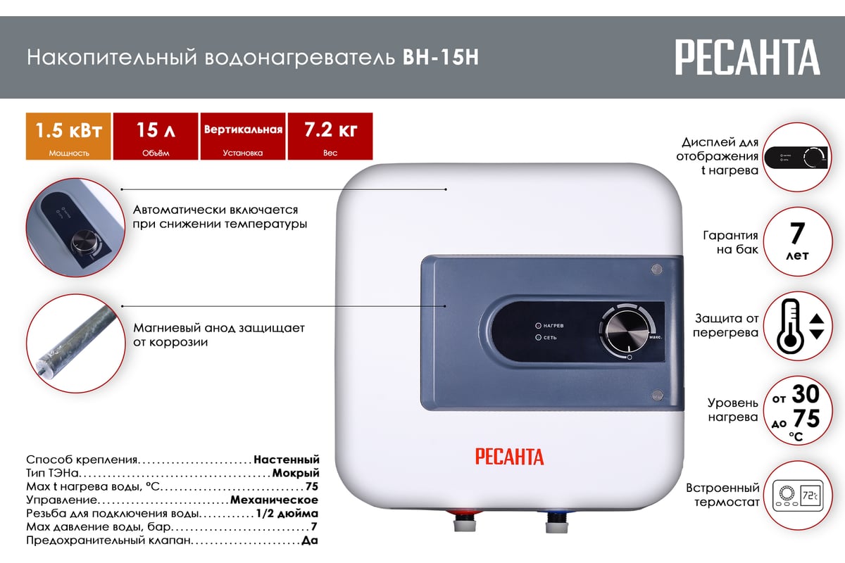 Накопительный водонагреватель Ресанта ВН-15Н 74/5/8 - выгодная цена,  отзывы, характеристики, фото - купить в Москве и РФ