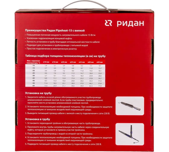 Саморегулирующийся кабель Ридан Pipeheat-15 14 м, 210 Вт, с вилкой 21RT0806R