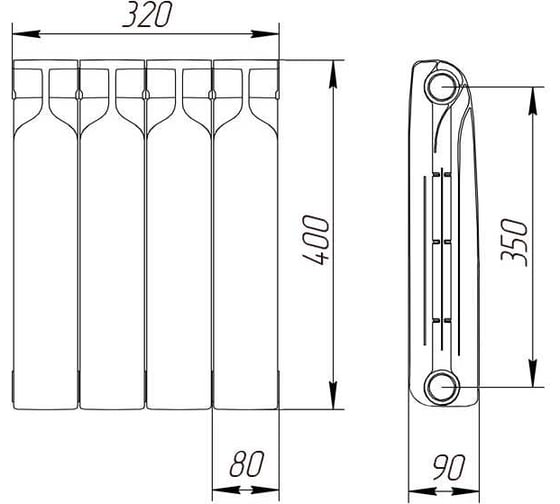 Биметаллический радиатор Теплоприбор, 4 секции, обогрев 5,4 м², BR1-350/04