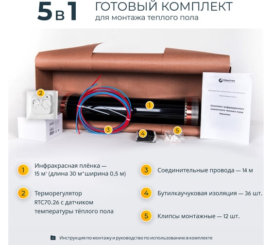 Комплект теплого пола с механическим терморегулятором Манотек 15 м² infra_pol_15