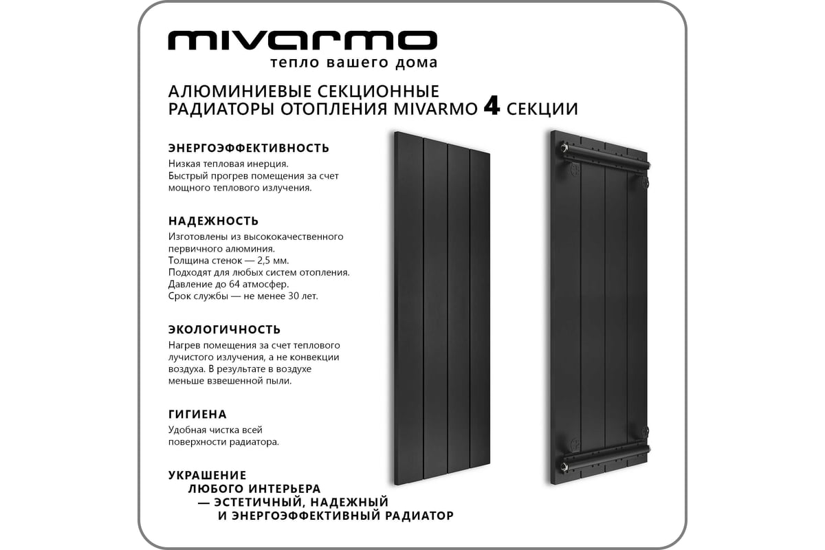 Секционный радиатор отопления MIVARMO 4 секции, горизонтальное/вертикальное  подключение, 175 см, черный муар MA4-1750-9005