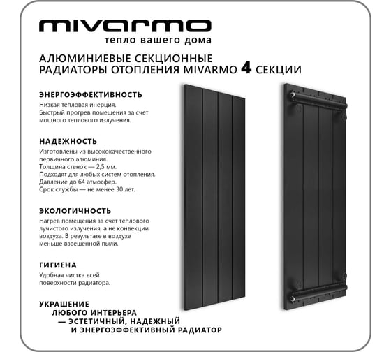 Секционный радиатор отопления MIVARMO 4 секции, горизонтальное/вертикальное подключение, 175 см, черный муар MA4-1750-9005