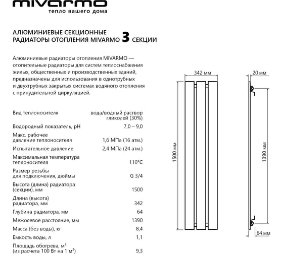 Секционный радиатор отопления MIVARMO 3 секции, горизонтальное/вертикальное подключение, 150 см, черный муар MA3-1500-9005