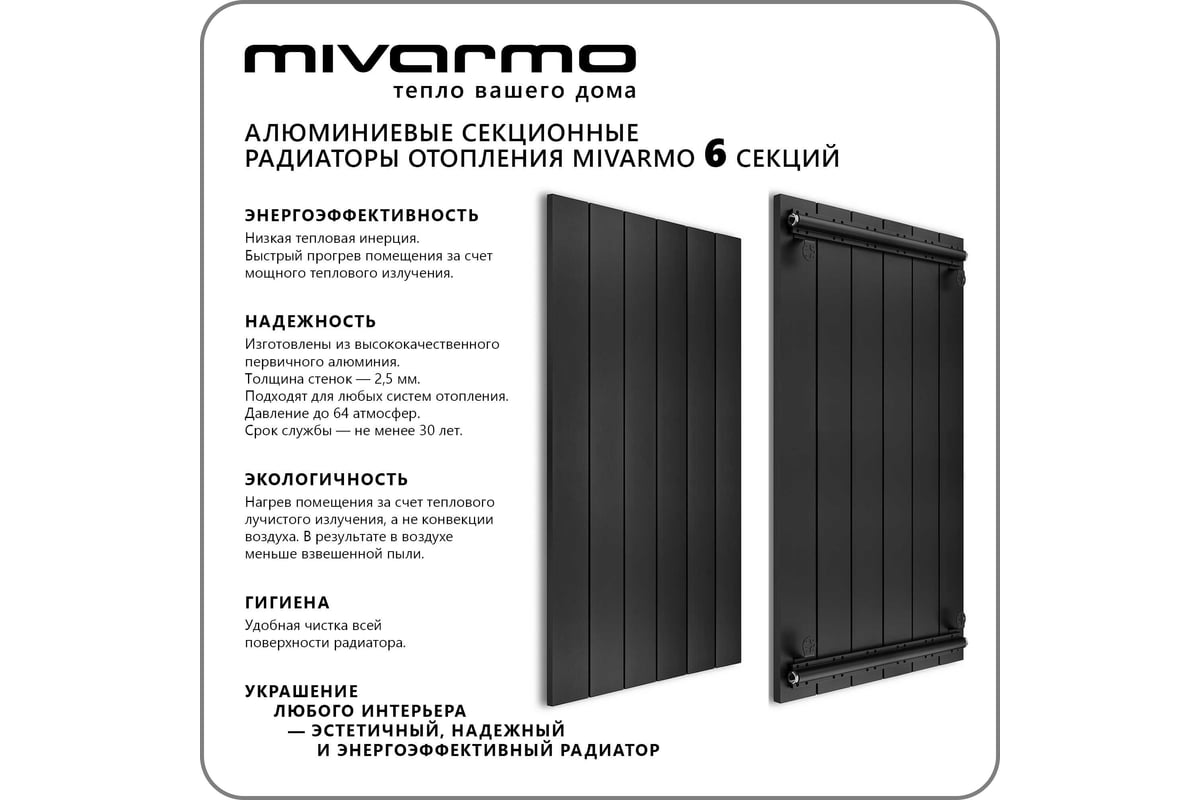 Секционный радиатор отопления MIVARMO 6 секций, горизонтальное/вертикальное  подключение, 175 см, черный муар MA6-1750-9005