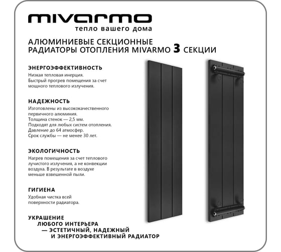 Секционный радиатор отопления MIVARMO 3 секции, горизонтальное/вертикальное подключение, 175 см, черный муар MA3-1750-9005